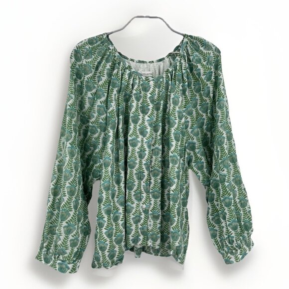 Emerson Fry Tops - Emerson Fry India Collection Green Floral Peasant Top size L Button Front Cotton